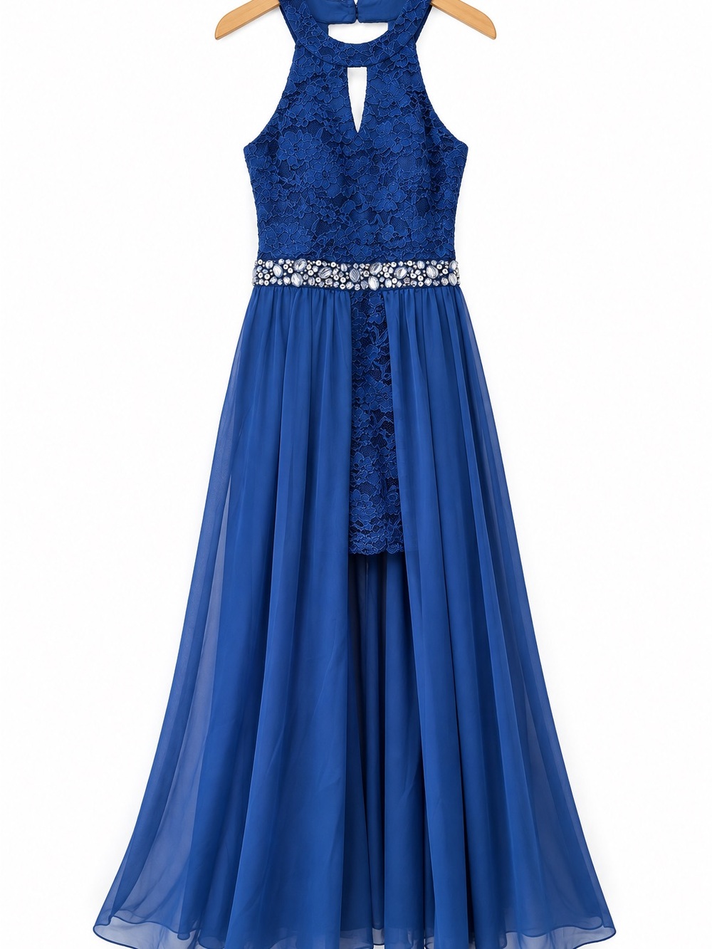 NWT Speechless Girls 16 Blue Lace Jeweled Chiffon Formal Maxi Dress
